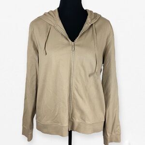 Kate Hill Beige comfy 100% cotton Zip-Up Hoodie Sweater bedazzled crystal zipper